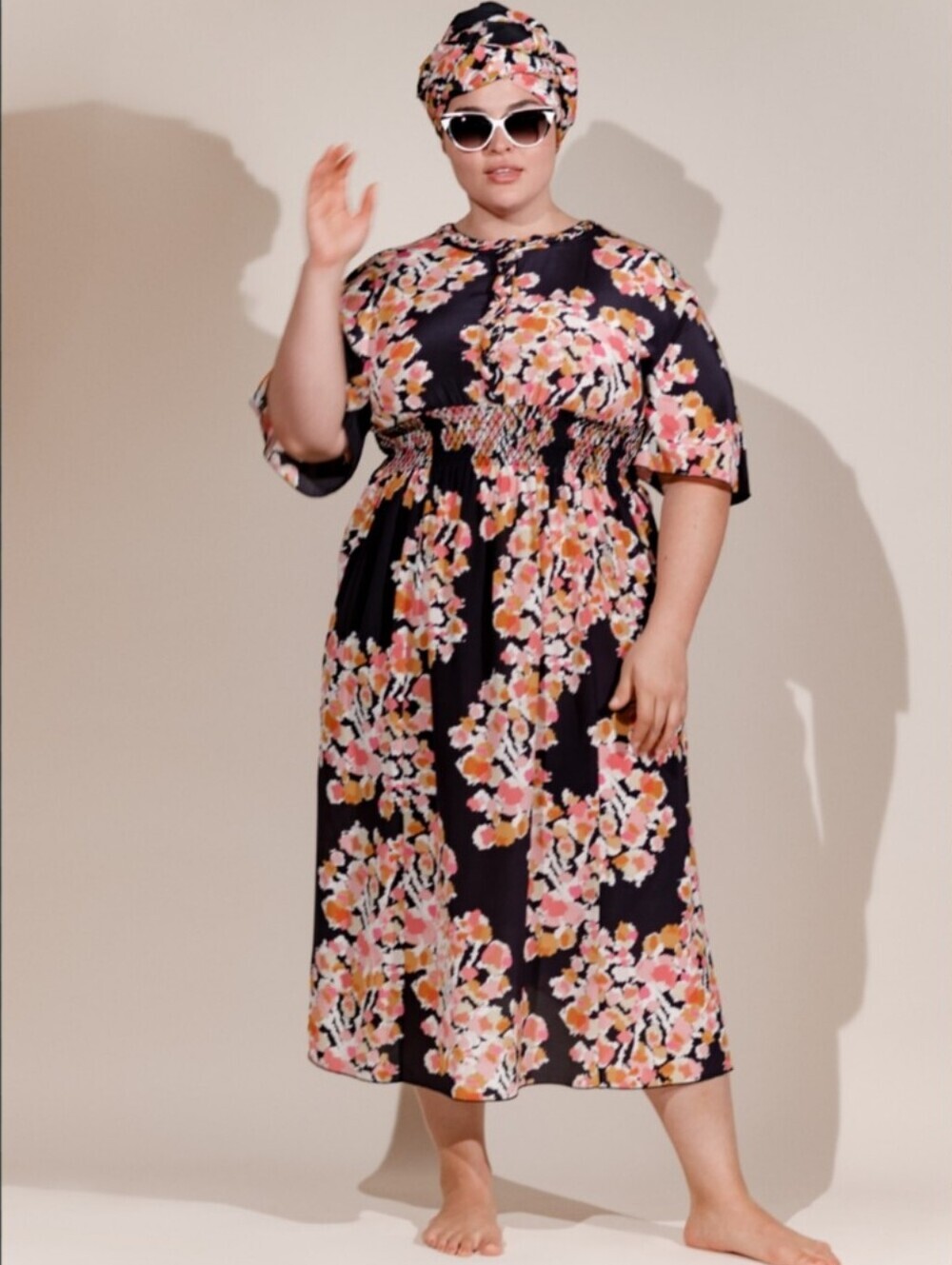 Dyvna Dress Silk Abstract Floral Smocked Waist Midi Dress
